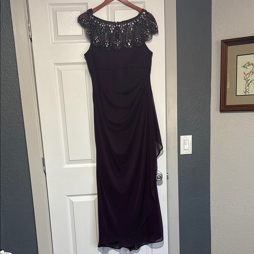 Xscape Aubergine (deep purple)  Gown with Cap Sleeves